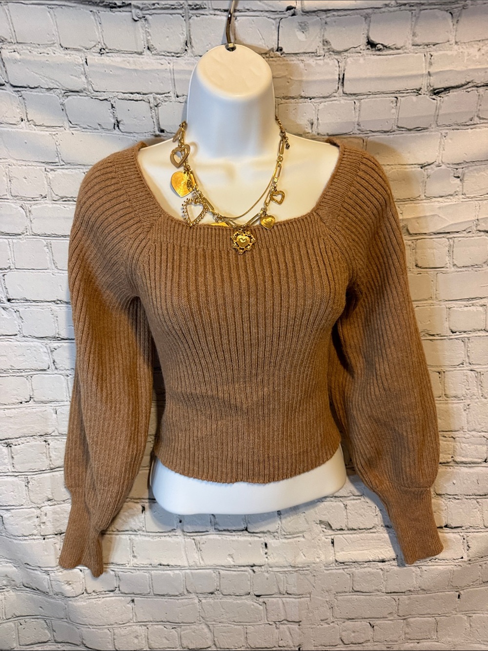 Brand New (NWT) Fashion Nova camel/tan ribbed knit cropped sweater, size medium